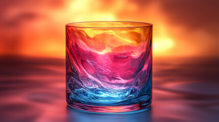 A colorful glass cup with a sunset backdrop.