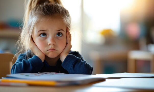 Upset Schoolgirl in Uniform at Desk with Sunlight Through Window