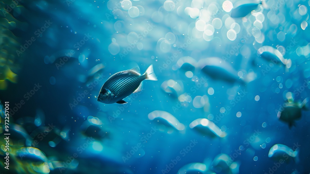 Poster underwater bokeh effect with soft blue gradient background, creating a tranquil and dreamy aquatic a