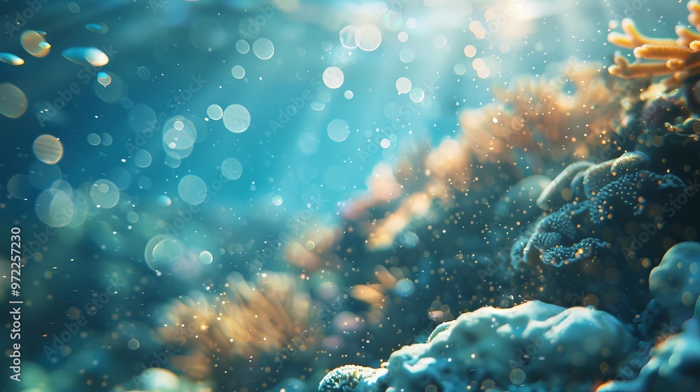 Poster underwater bokeh effect with soft blue gradient background, creating a tranquil and dreamy aquatic a