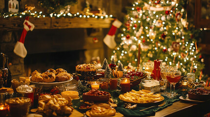 Fototapeta premium festive table with a lot of dishes near the Christmas tree