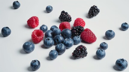 A selection of fresh blueberries and raspberries arranged on a clean white surface