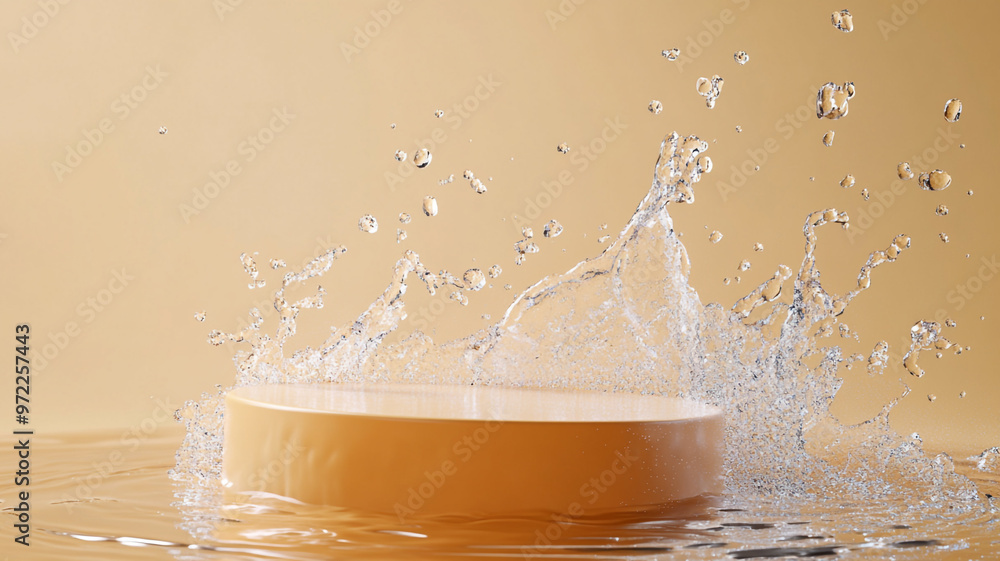 Poster water splashes around a round object in a tranquil setting during bright daylight