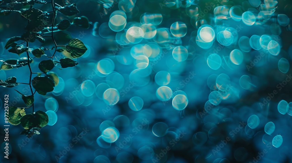 Poster underwater bokeh effect with soft blue gradient background, creating a tranquil and dreamy aquatic a