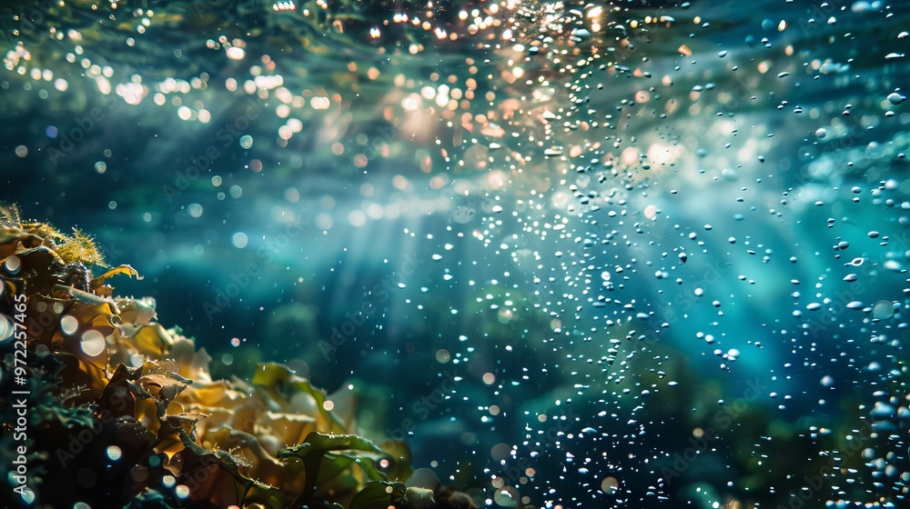 Poster underwater bokeh effect with soft blue gradient background, creating a tranquil and dreamy aquatic a