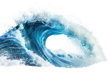 A powerful blue wave crashes into the ocean, creating a splash and foamy sea foam