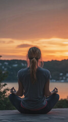 Woman meditating against a gradient background. A minimalist and colorful image of a woman sitting in a meditative pose, facing away from the camera, with a gradient backdrop. The simple composition a
