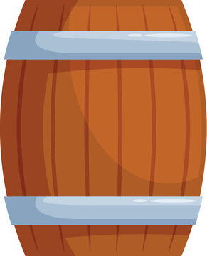Wooden barrel standing up, crafted from wood and bound with metal rings, used for storing and aging alcoholic beverages