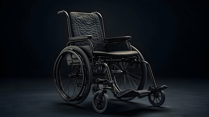 Fototapeta premium A 3D Render of a Black Wheelchair with a Padded Seat and Spoked Wheels on a Dark Background