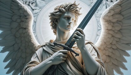 Obraz premium sculptural portrait of an angel with a sword in his hand, an angel ready to fight the forces of evil