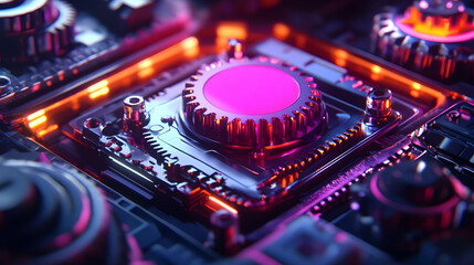 A Close-Up View of a Shiny Metallic Gear with a Pink Center, Surrounded by Other Gears and Glowing Orange Lights, in a Futuristic and Abstract 3D Rendering