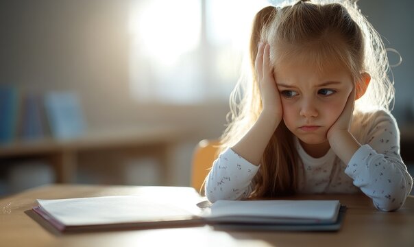 Upset Schoolgirl in Uniform at Desk with Sunlight Through Window