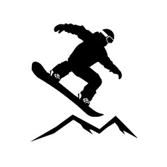 Fototapeta premium Silhouette of snowboarder jumping over snowy mountain, Black and white silhouette of a snowboarder performing a jump over a mountain, symbolizing winter sports and adventure.