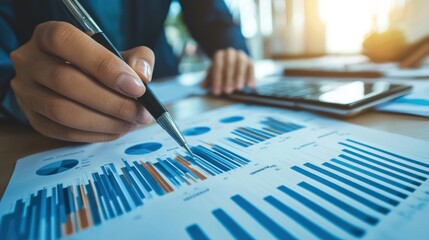 Close-up shot of an analytical working with the latest financial results Financial accounting sales forecast graphs analysis with hand writing , digital effect abstract for background , Generative AI.
