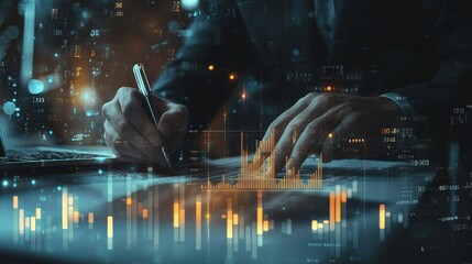 Close-up shot of an analytical working with the latest financial results Financial accounting sales forecast graphs analysis with hand writing , digital effect abstract for background , Generative AI.