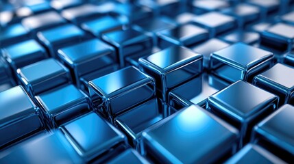 Obraz premium Abstract blue metal background with 3d cubes, reflecting light and creating a pattern of shiny surfaces and shadows.