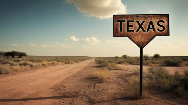 Landscape photograph of a dilapidated rural road sign with the word "TEXAS" in bold black capital letters.