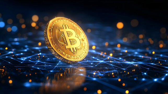 A Realistic 3D Render of a Bitcoin Coin on a Blue Network of Lines and Points, with Blurred Orange and Blue Lights in the Background