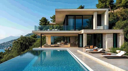 Fototapeta premium Modern Villa with Infinity Pool Overlooking a Coastal Landscape