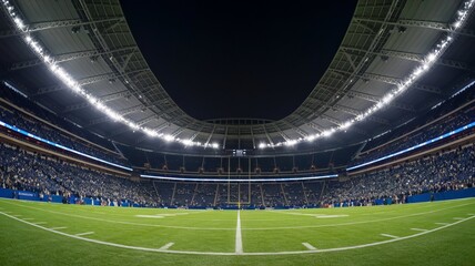High resolution image of a large modern football stadium at night.