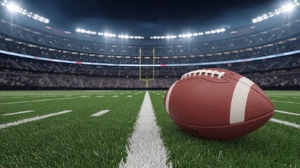 High-resolution wide-angle photo of an American football on a soccer field.