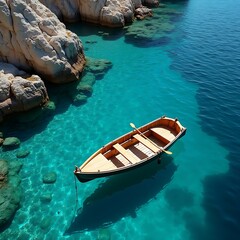 Obraz premium High angle view of a rowboat floating in the clear blue sea landscape view on sunshine day