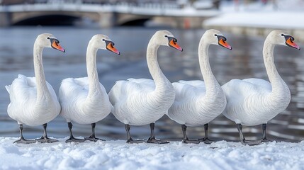 Obraz premium A serene scene featuring five elegant swans standing together by a frozen lake during winter, showcasing their beauty and grace.