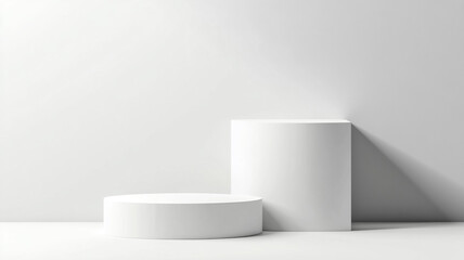 Minimalist white cylindrical objects positioned on a clean surface against a light backdrop