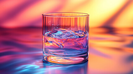 Glass of water with ice cubes on colorful background.