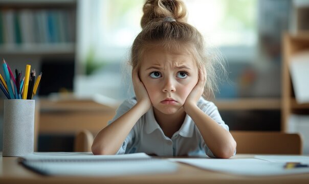 Upset Schoolgirl in Uniform at Desk with Sunlight Through Window