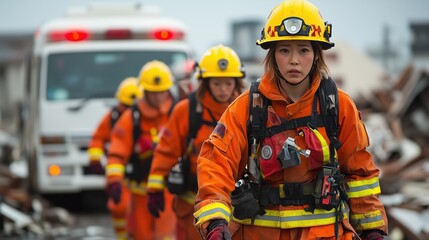 Obraz premium Rescue Team Walking Through Disaster Rubble. Determined rescue team in orange protective gear walks through rubble in a disaster-hit area, coordinating rescue efforts after a large-scale emergency.