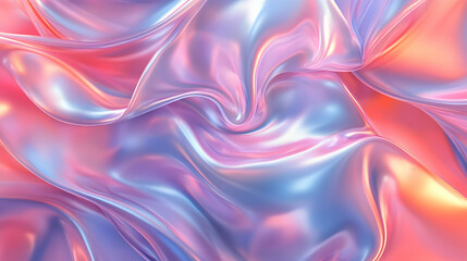 Abstract 3D Render of Smooth Shiny Fabric Flowing and Bouncing with Pink, Blue, and Purple Iridescent Colors