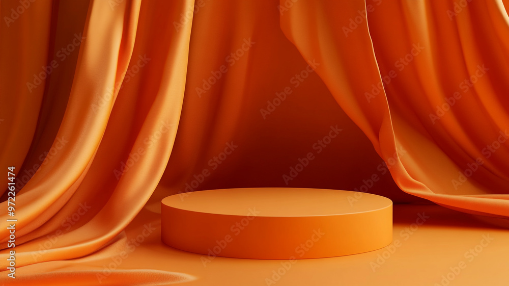 Aufkleber vibrant orange backdrop with draped fabric and circular display platform for creative projects