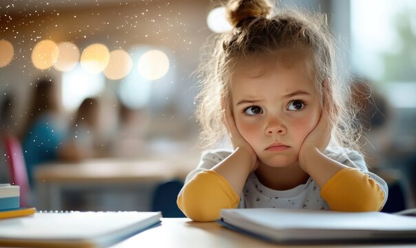 Upset Schoolgirl in Uniform at Desk with Sunlight Through Window