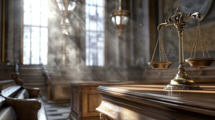 A courtroom scene with a scale of justice, emphasizing law and order.