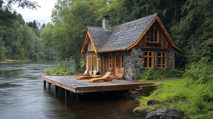 Stone and Wood Cabin with Deck Overlooking River