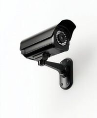 A sleek black surveillance camera mounted on a wall, ensuring safety and security in various environments.