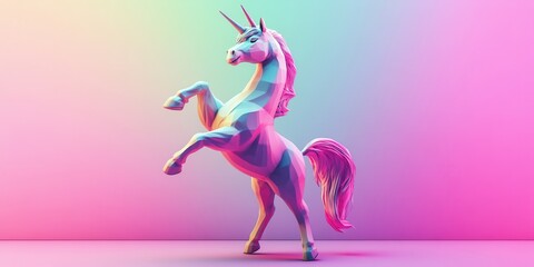 A vibrant, modern depiction of a unicorn in geometric style, showcasing colorful gradients against a soft backdrop.