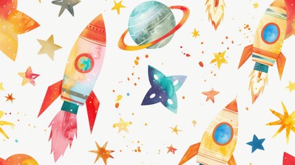 A colorful illustration of rockets and stars in watercolor style on a white background, perfect for use in designs related to space exploration or astronomy