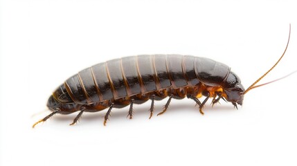 Fototapeta premium Close-up of a cockroach on a white background, showcasing its glossy body and distinct segments.