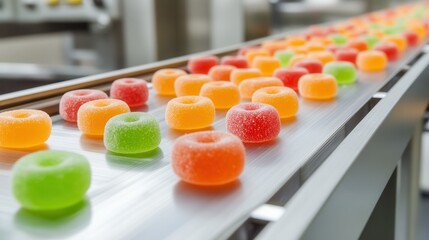 Colorful gummy candies on a conveyor belt in a production facility, showcasing the sweet treat manufacturing process.