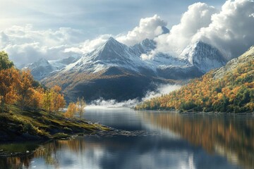 Picturesque mountain lake with snow-capped peaks and autumn foliage.