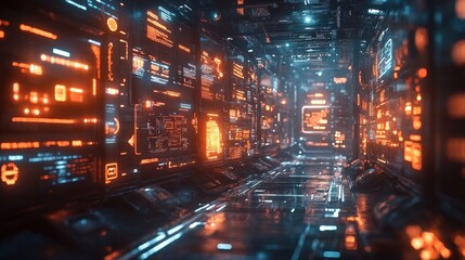 Futuristic corridor illuminated by glowing data panels.