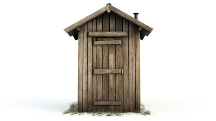 one single old rustic wooden outhouse isolated on white background