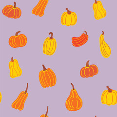 Autumn seamless pattern with pumpkins, cute hand drawn seasonal pattern. Vector illustration in flat style