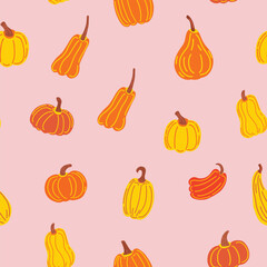 Autumn seamless pattern with pumpkins on pink background, cute hand drawn seasonal pattern. Vector illustration in flat style