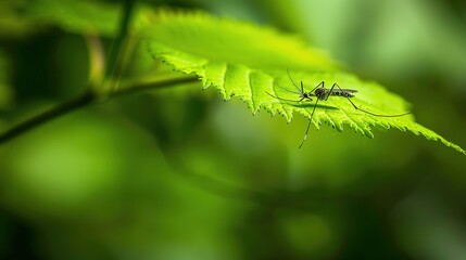 Fototapeta premium Mosquito resting on green leaf in forest setting, symbolizing potential transmission of West Nile virus, nature and health awareness concept.