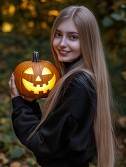 Happy young woman holding carved pumpkin in autumn forest