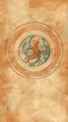 Hand-drawn Celtic symbol of fire with phoenix on parchment, mobile wallpaper