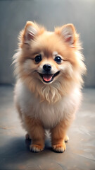 Small fluffy light brown Pomeranian puppy dog smiling on concrete floor in soft focus background with copy space